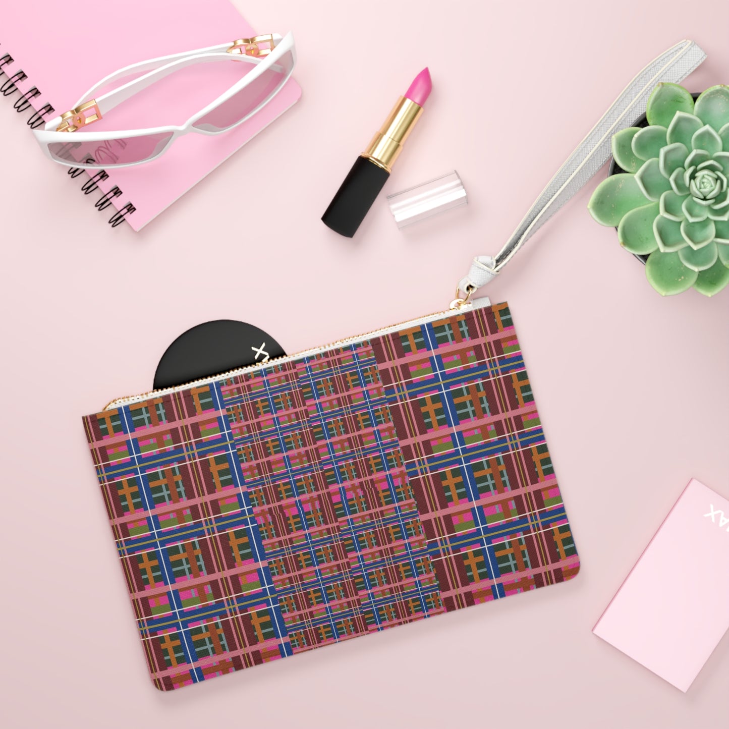 Pinky Blue Plaid Vegan Leather Wristlet