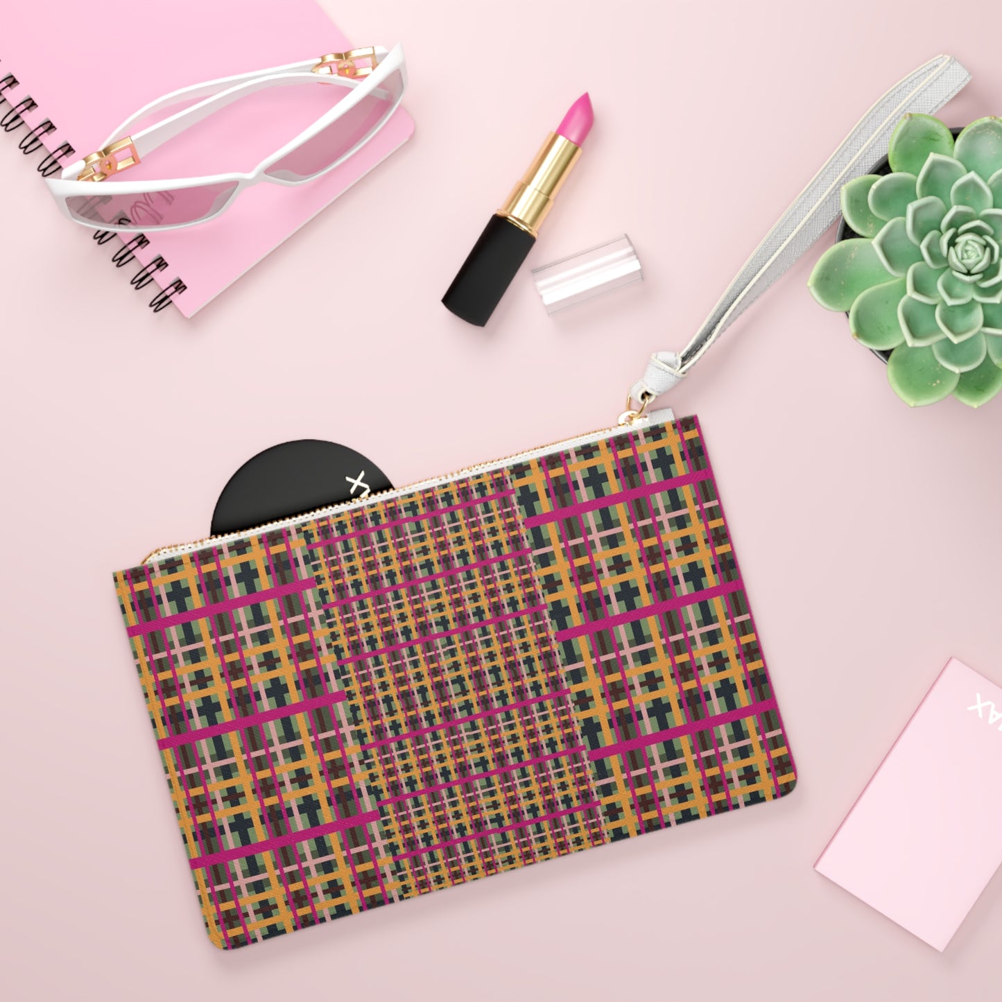 Fuchsia Plaid Vegan Leather Wristlet