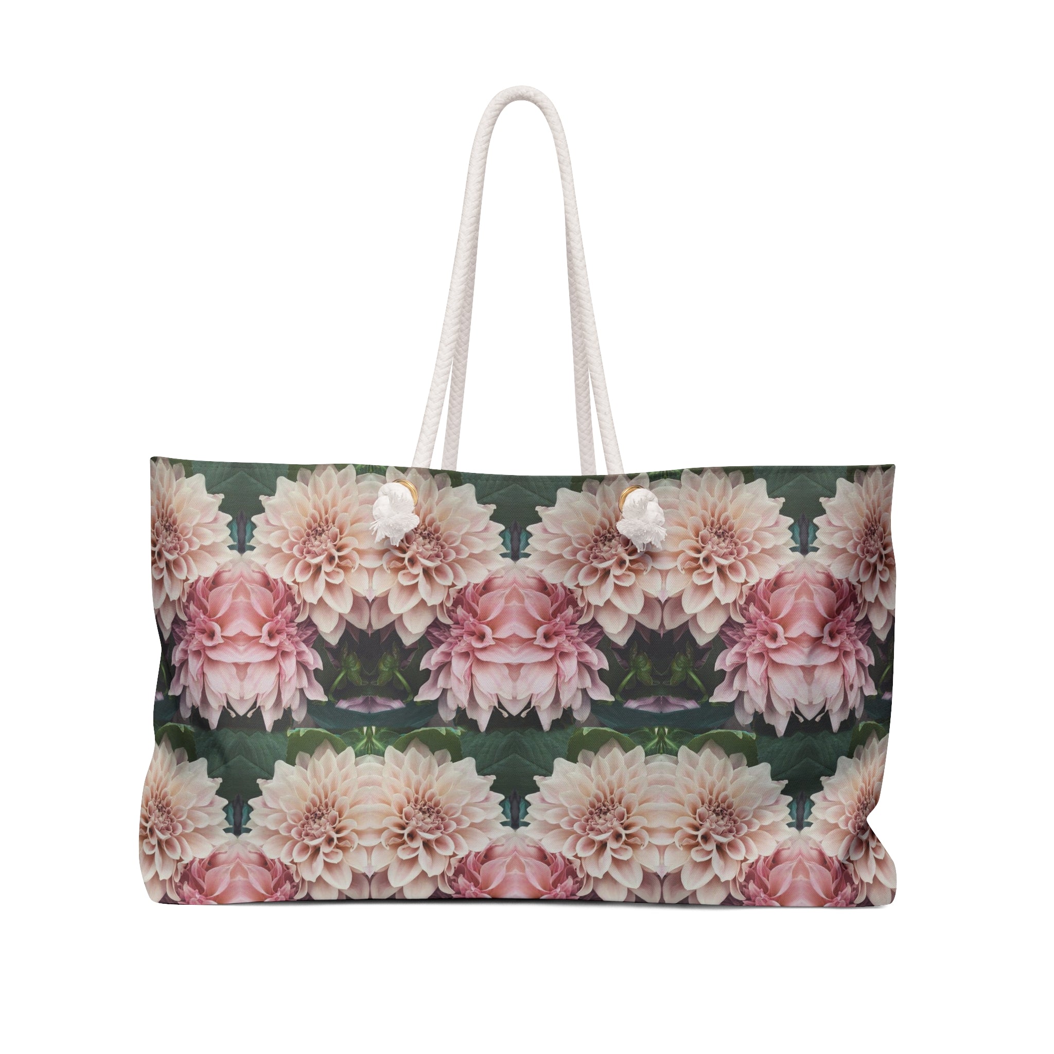 A floral weekender tote bag with a wide opening, featuring a pattern of various pink flowers.