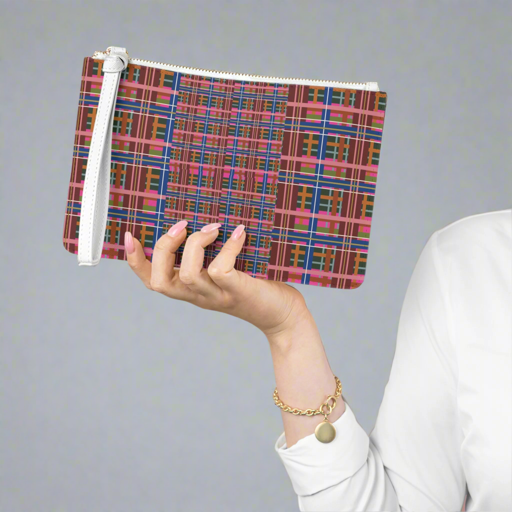 Pinky Blue Plaid Vegan Leather Wristlet