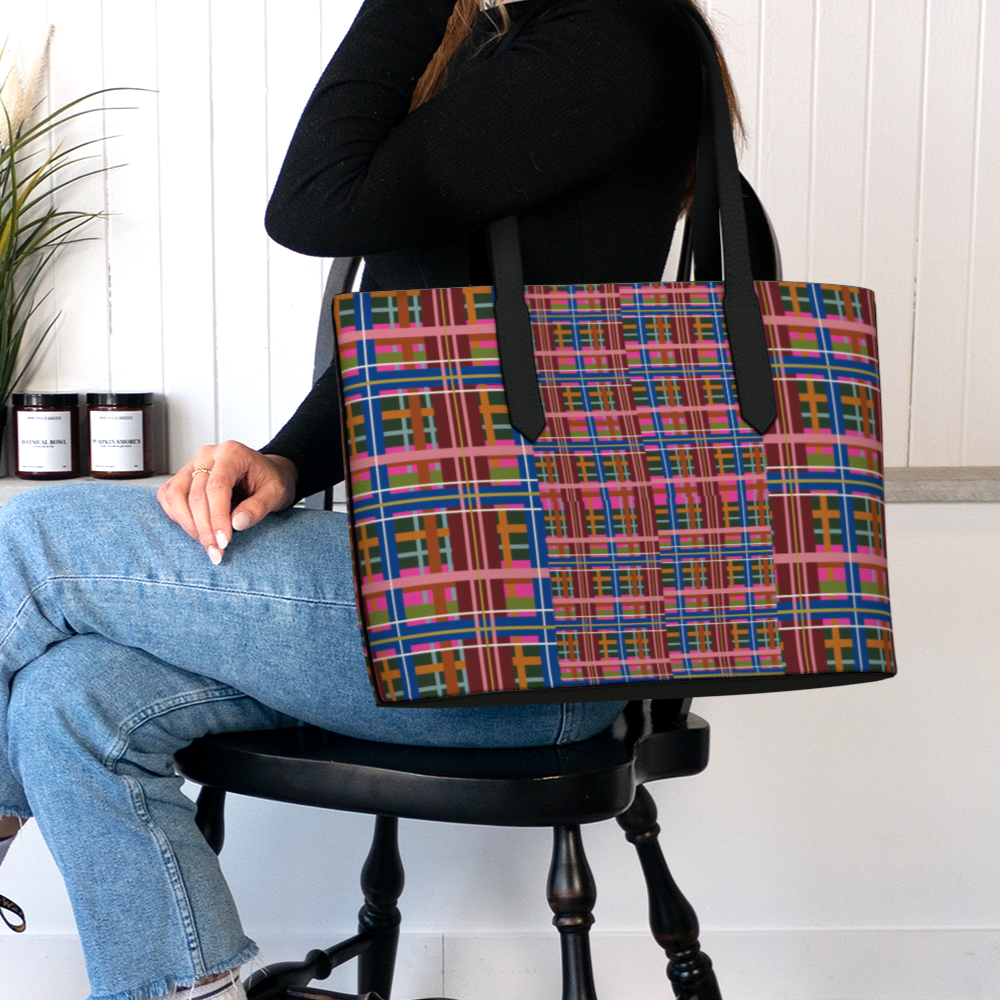 Pinky Blue Plaid Vegan Leather Tote