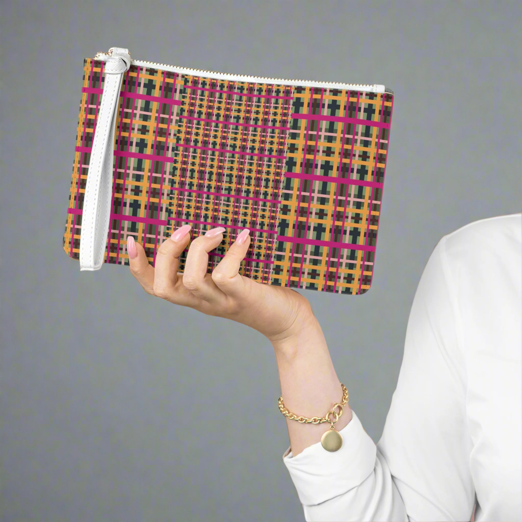 Fuchsia Plaid Vegan Leather Wristlet