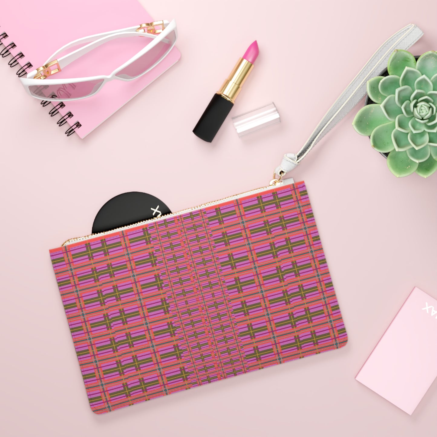 Pink Plaid Vegan Leather Wristlet