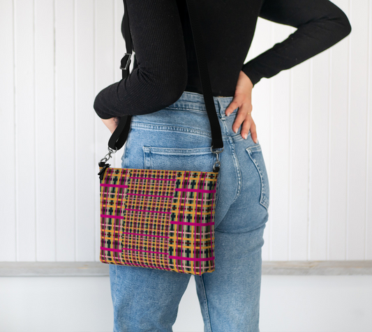 Fuchsia Plaid Vegan Leather Crossbody Purse
