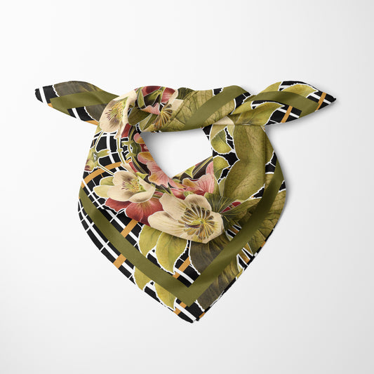 Botanica Plaid No. 1 Chiffon Square Scarf with Green Accent