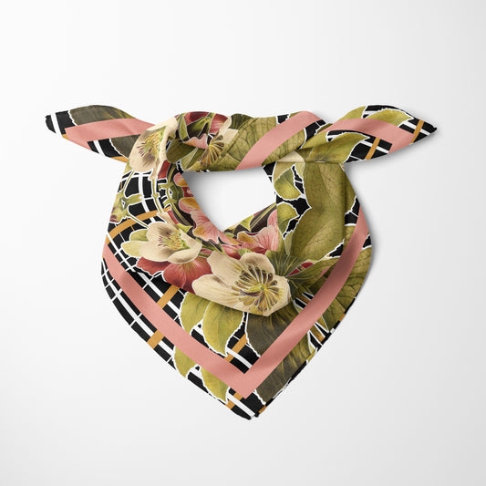 Botanica Plaid No. 1 Chiffon Square Scarf with Soft Pink Accent