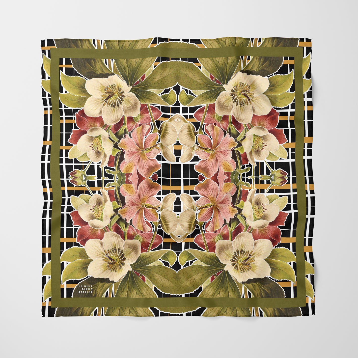 Botanica Plaid No. 1 Chiffon Square Scarf with Green Accent