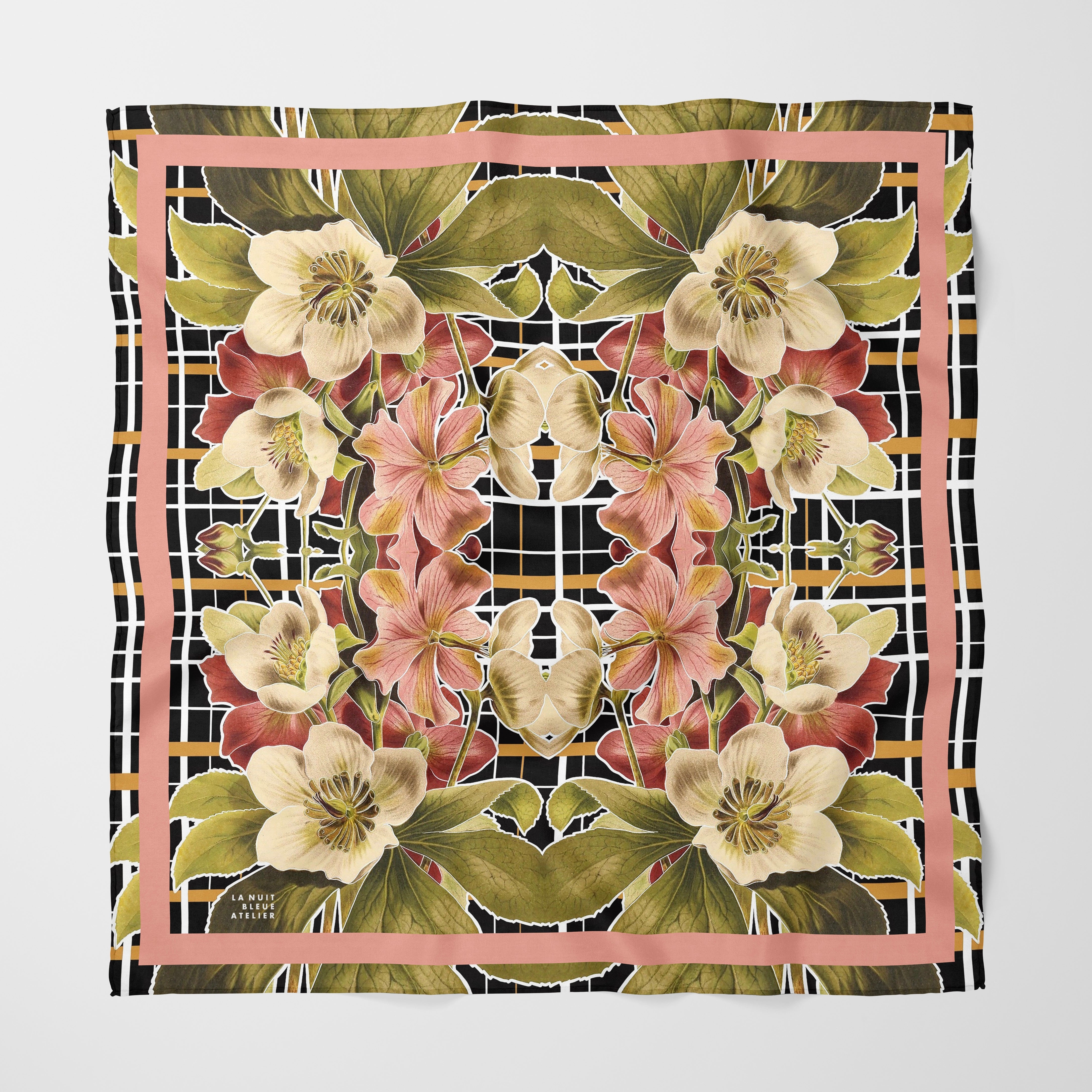 Botanica Plaid No. 1 Chiffon Square Scarf with Soft Pink Accent