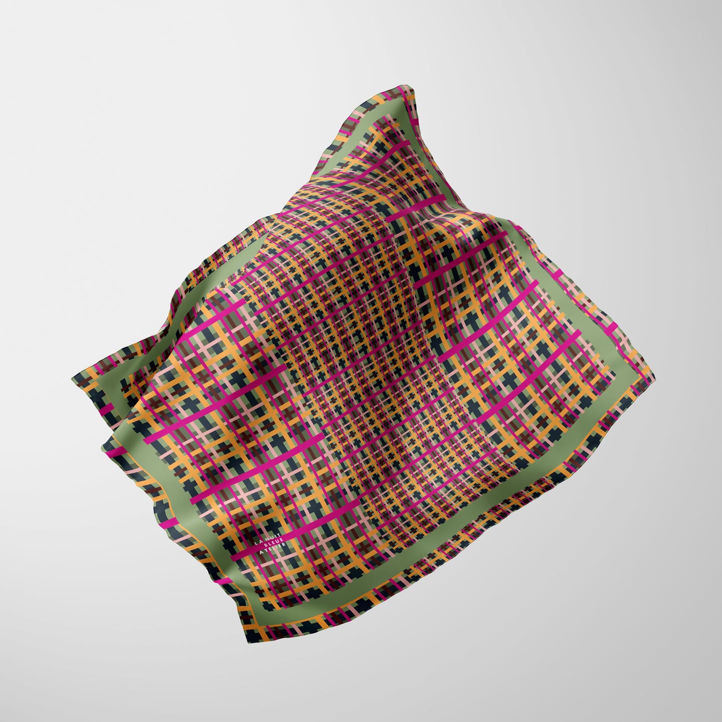 Fuchsia Plaid Chiffon Square Scarf with Green Accent