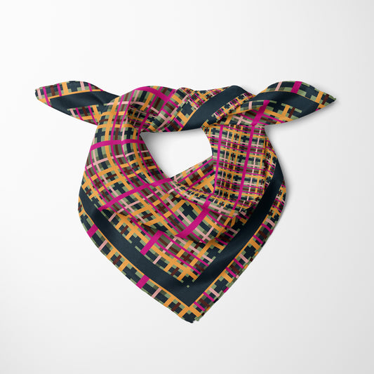 Fuchsia Plaid Chiffon Square Scarf with Black Accent