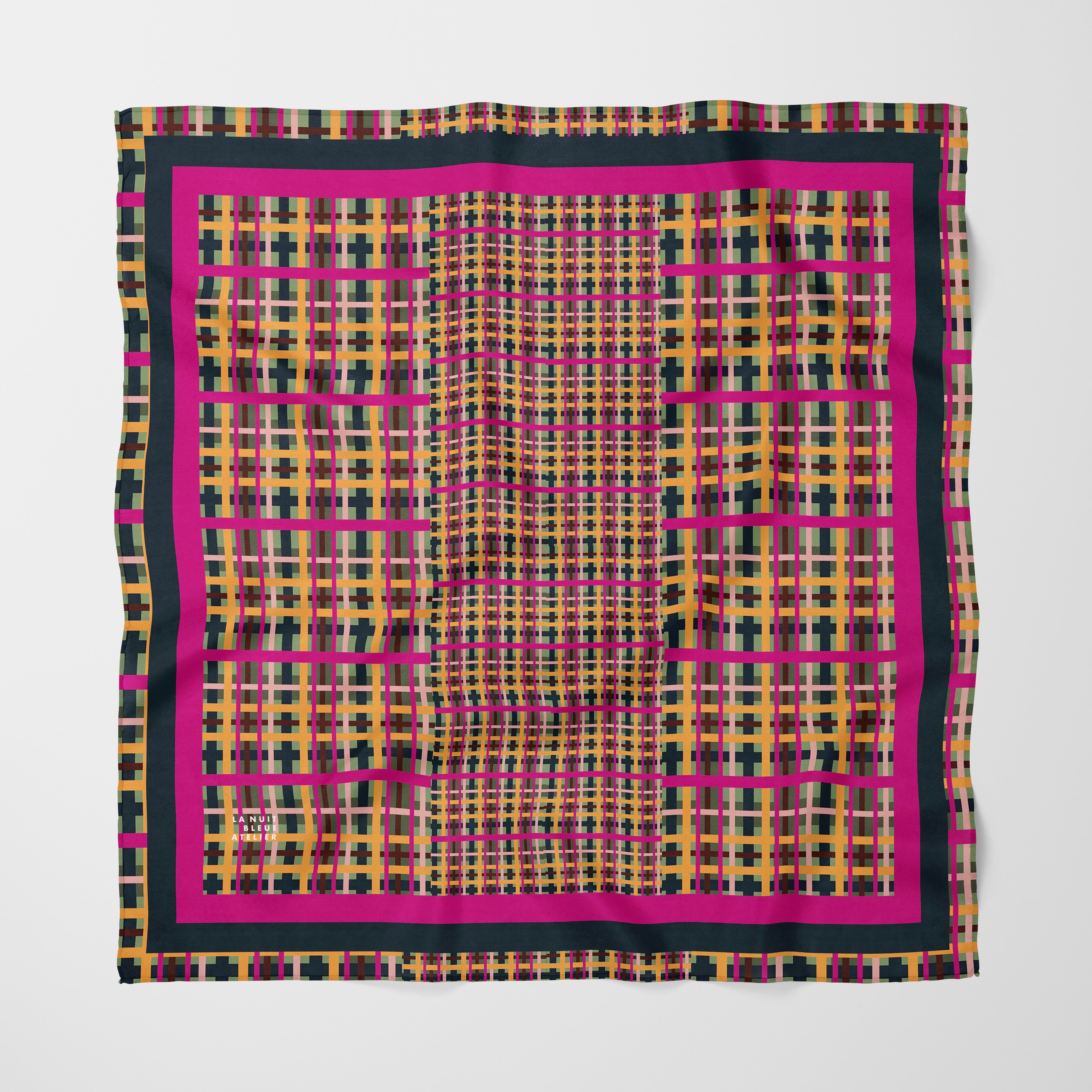 Fuchsia Plaid Chiffon Square Scarf with Black + Fuchsia Accent