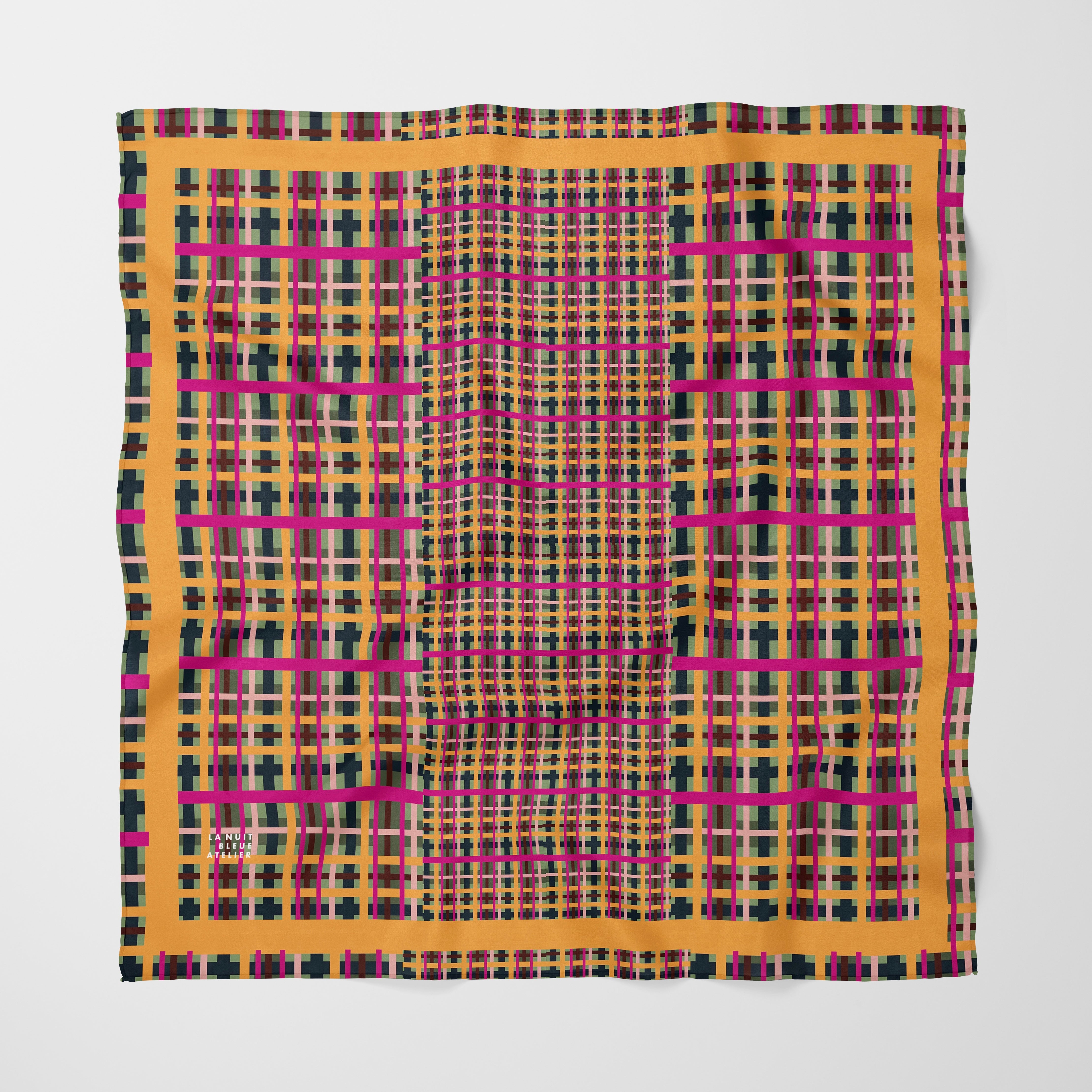 Fuchsia Plaid Chiffon Square Scarf with Yellow Accent