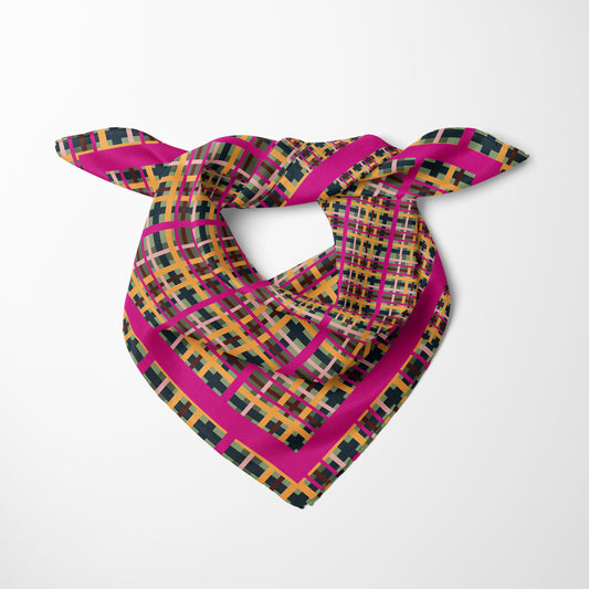 Fuchsia Plaid Chiffon Square Scarf with Fuchsia Accent
