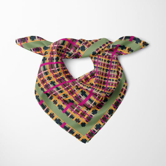 Fuchsia Plaid Chiffon Square Scarf with Green Accent