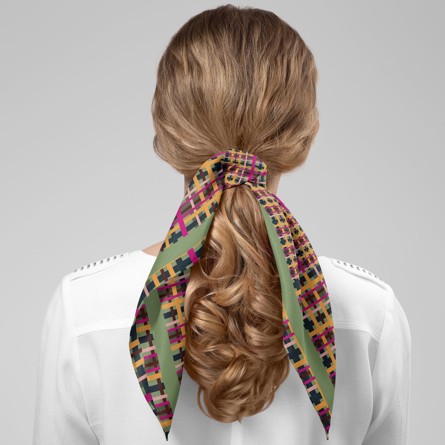 Fuchsia Plaid Chiffon Square Scarf with Green Accent