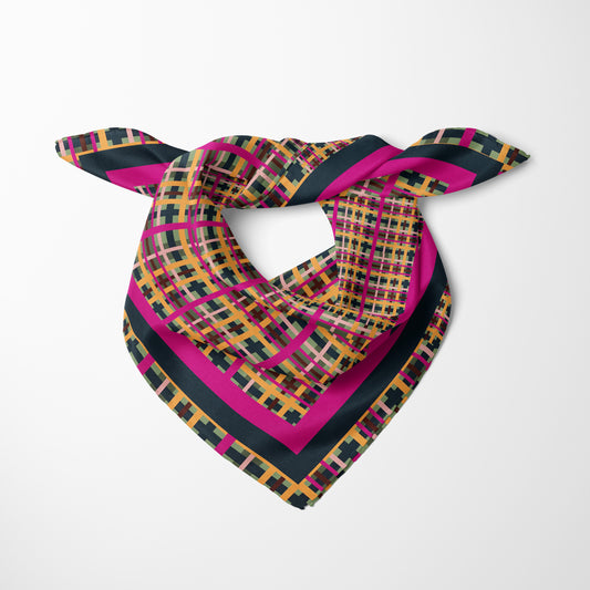 Fuchsia Plaid Chiffon Square Scarf with Black + Fuchsia Accent