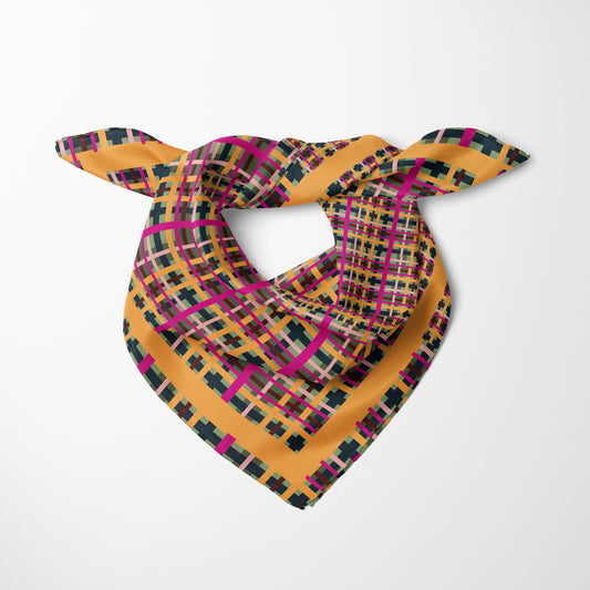 Fuchsia Plaid Chiffon Square Scarf with Yellow Accent