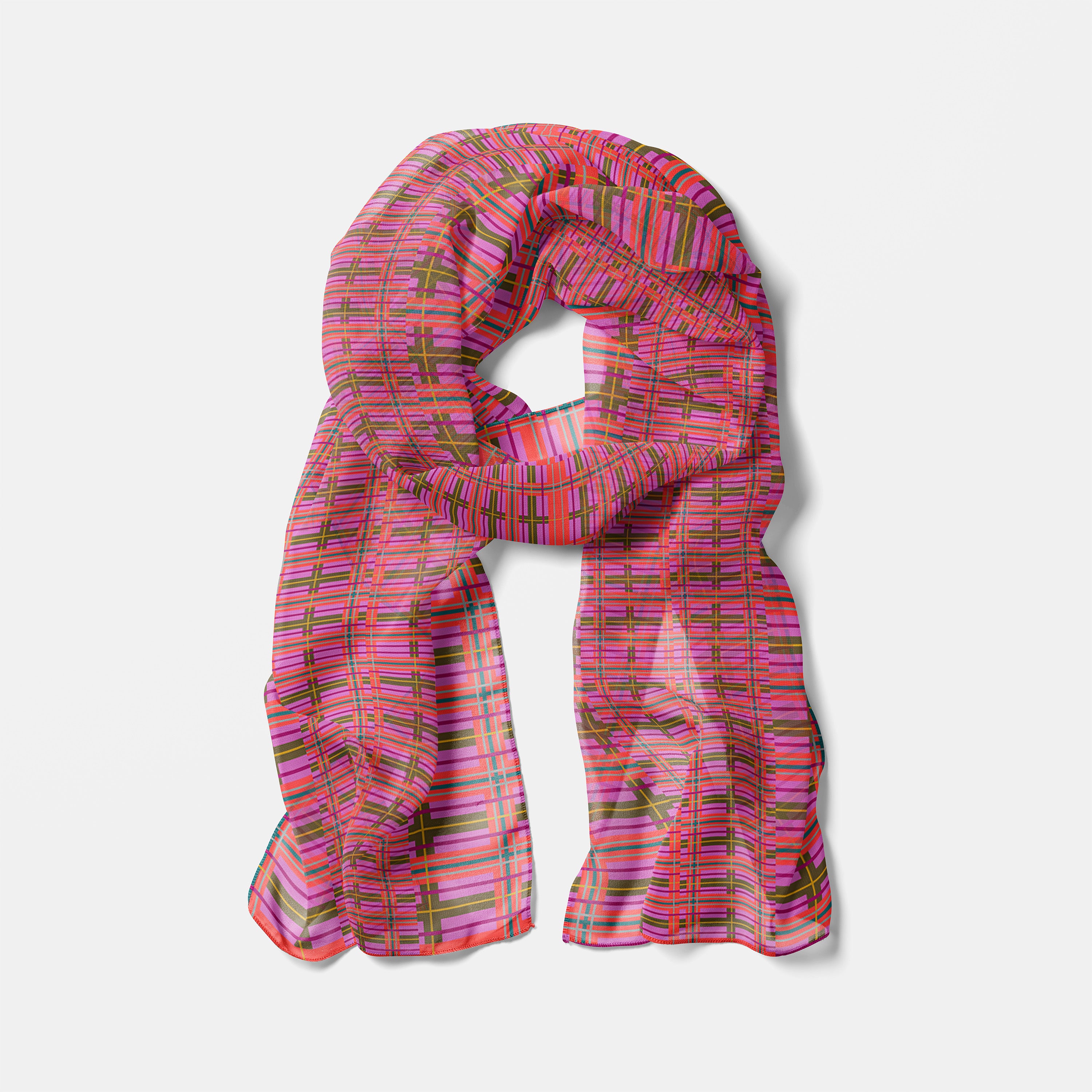 Pink Plaid Chiffon Long Scarf