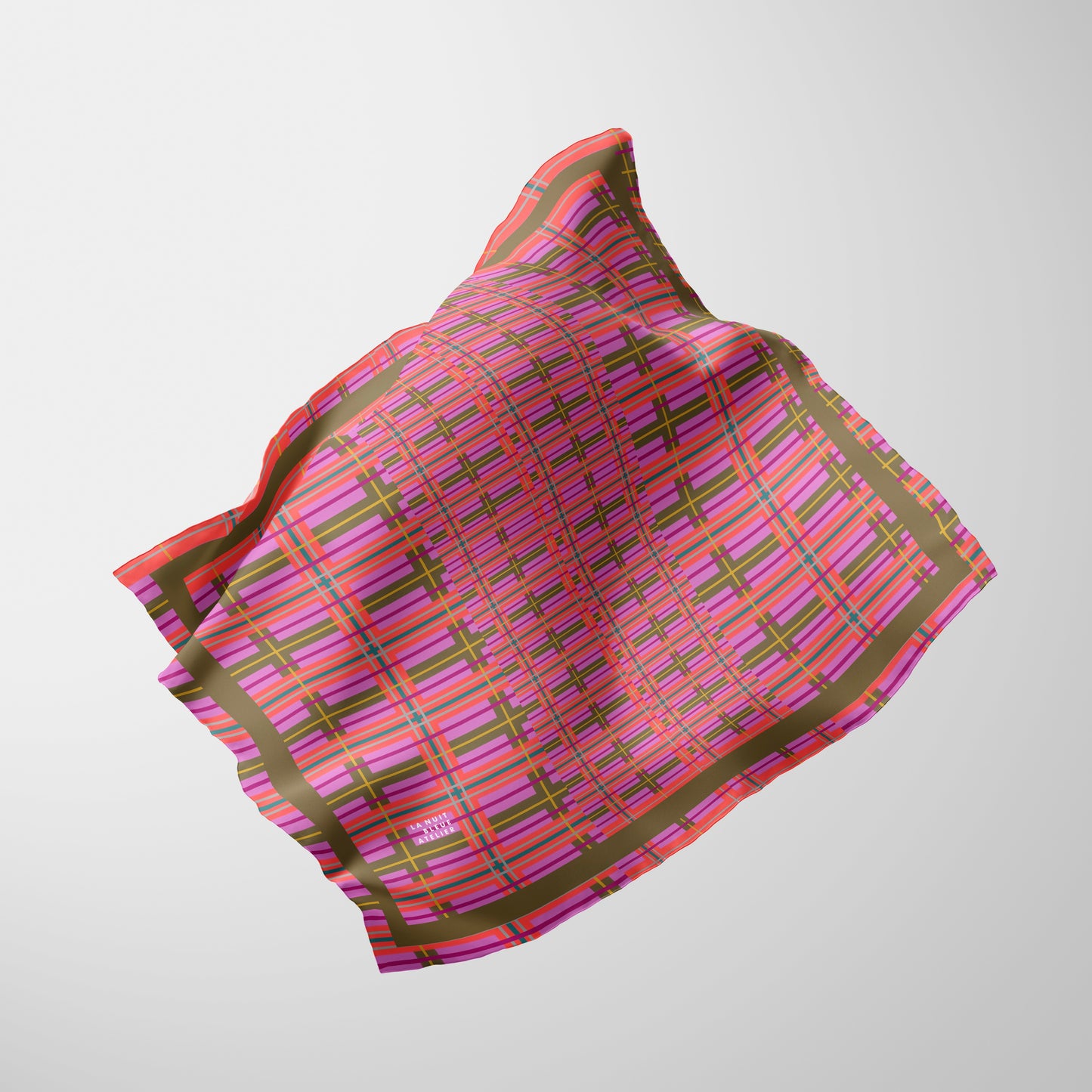 Pink Plaid Chiffon Square Scarf with Green Accent
