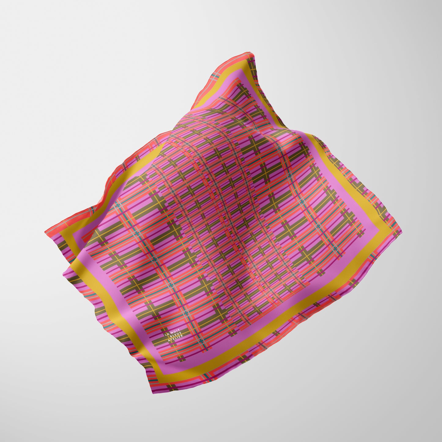 Pink Plaid Chiffon Square Scarf with Yellow + Pink Accent