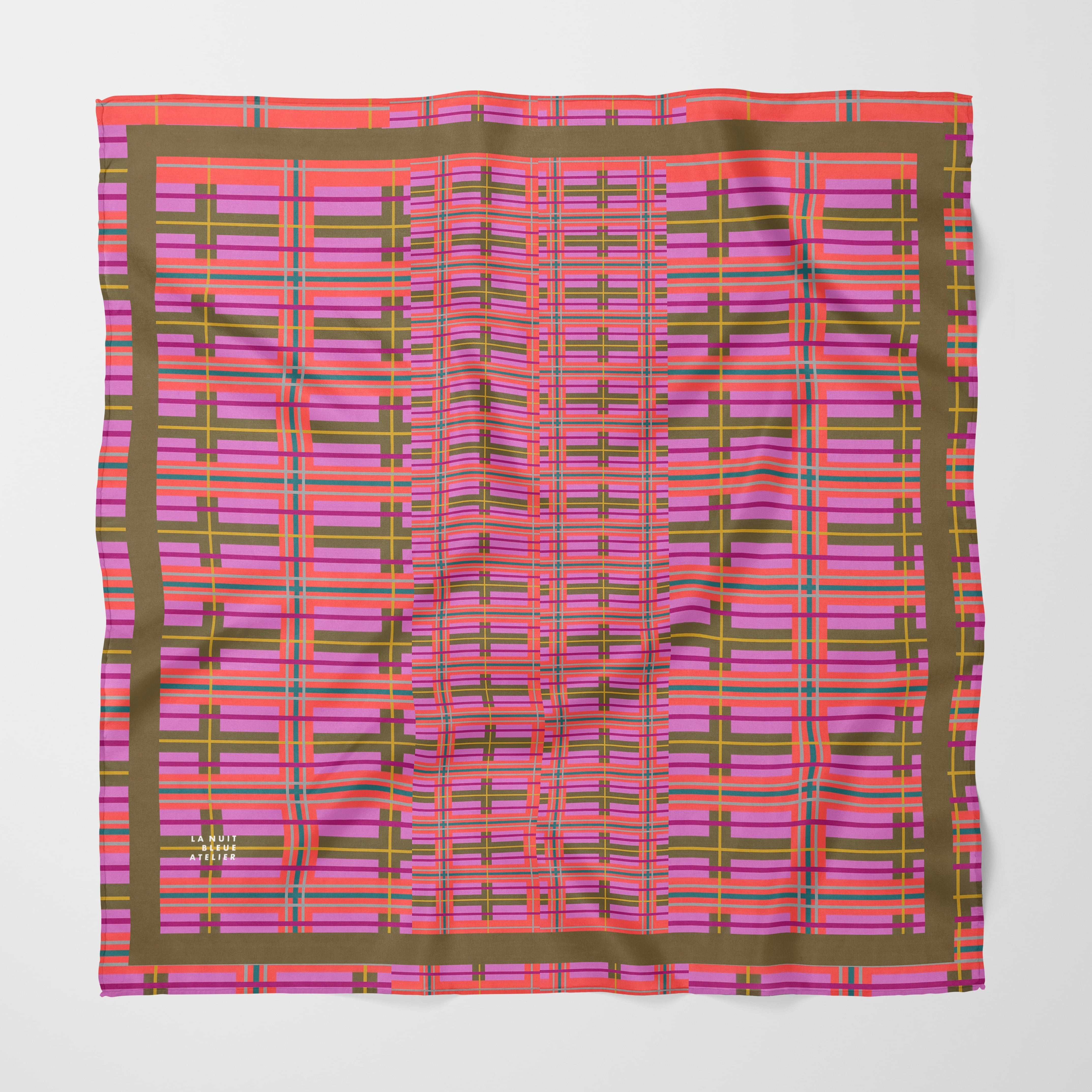 Pink Plaid Chiffon Square Scarf with Green Accent