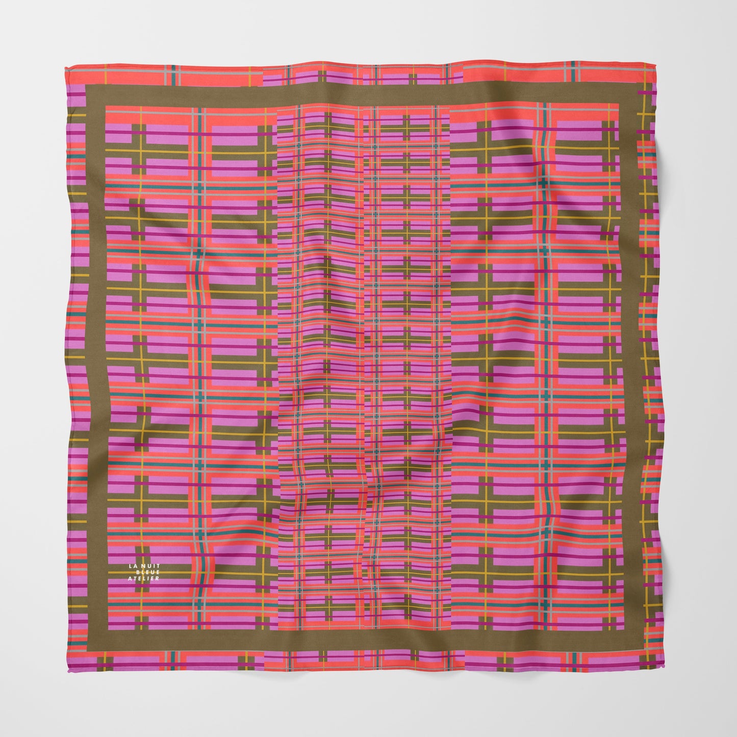 Pink Plaid Chiffon Square Scarf with Green Accent