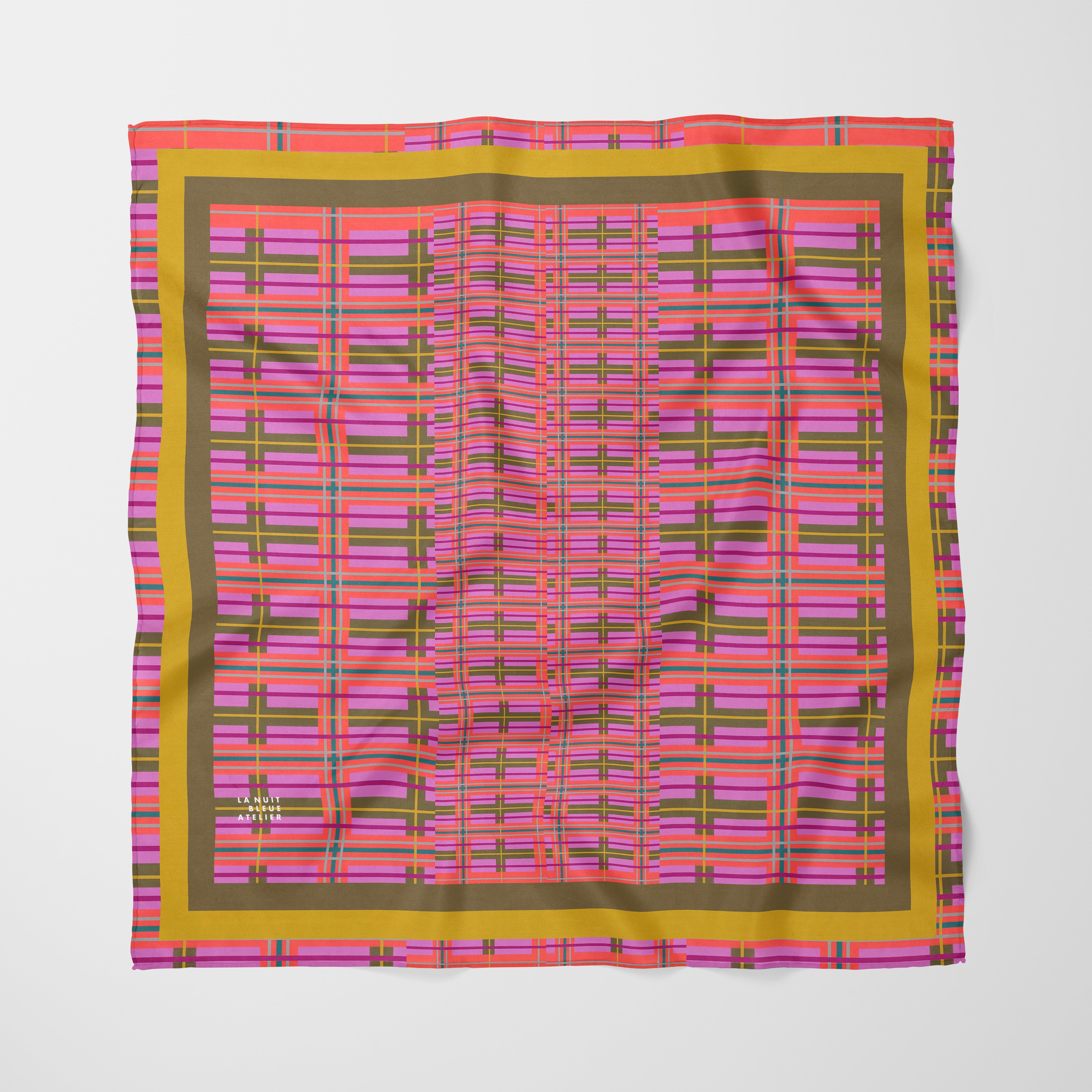 Pink Plaid Chiffon Square Scarf with Yellow + Green Accent