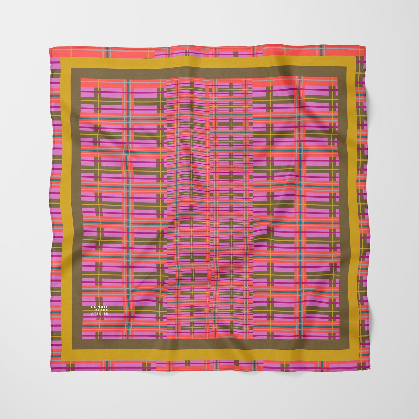 Pink Plaid Chiffon Square Scarf with Yellow + Green Accent