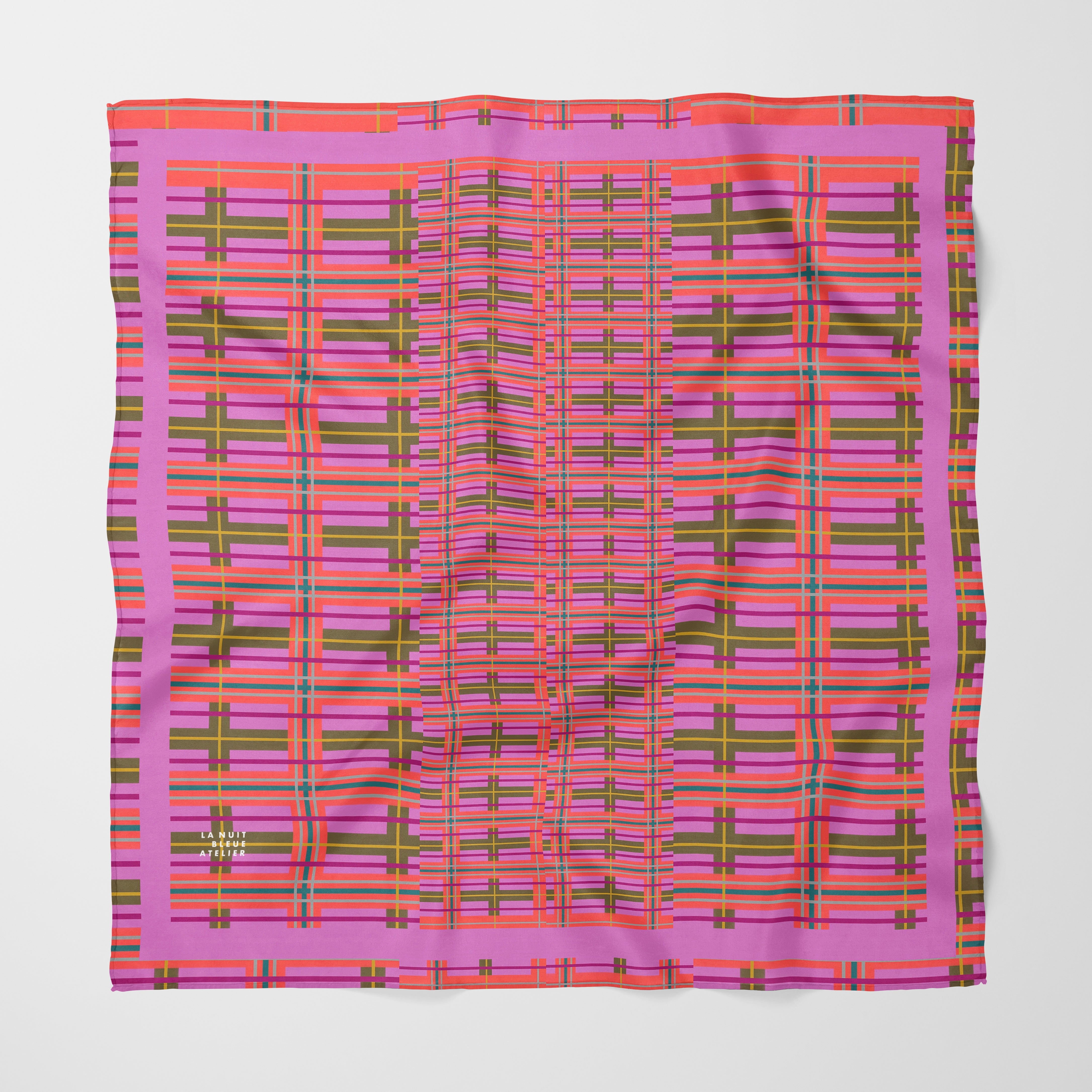 Pink Plaid Chiffon Square Scarf with Pink Accent