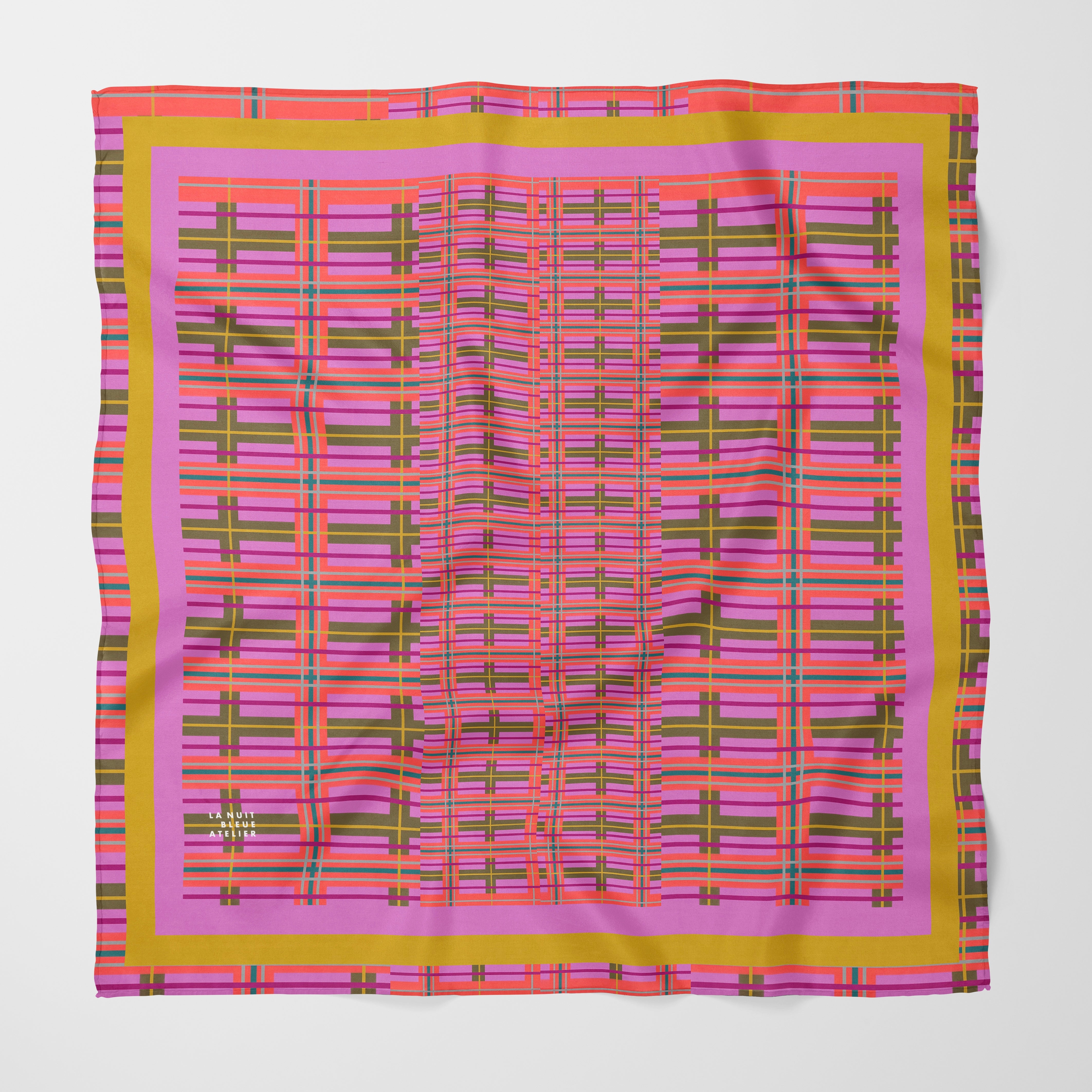 Pink Plaid Chiffon Square Scarf with Yellow + Pink Accent