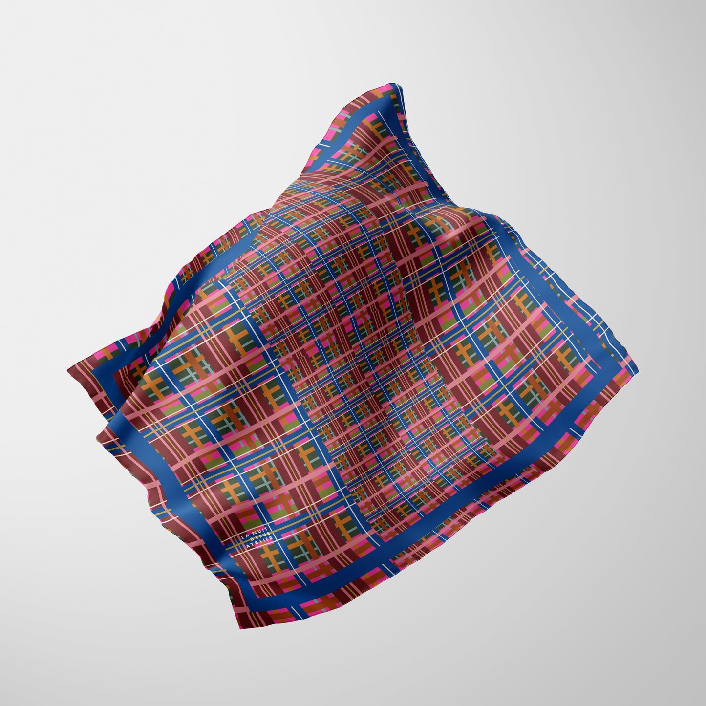 Pinky Blue Plaid Chiffon Square Scarf with Blue Accent