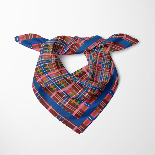 Pinky Blue Plaid Chiffon Square Scarf with Blue Accent