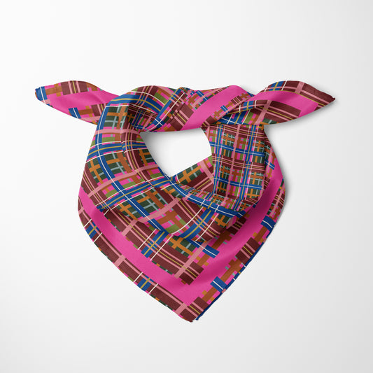 Pinky Blue Plaid Chiffon Square Scarf with Bright Pink Accent
