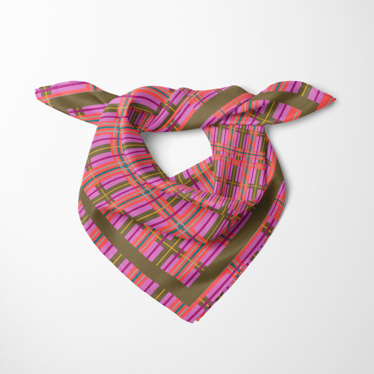 Pink Plaid Chiffon Square Scarf with Green Accent
