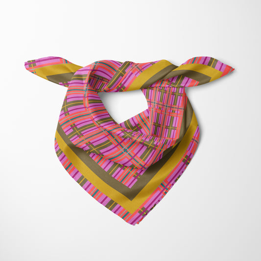 Pink Plaid Chiffon Square Scarf with Yellow + Green Accent