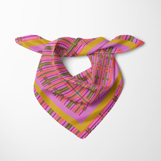 Pink Plaid Chiffon Square Scarf with Yellow + Pink Accent