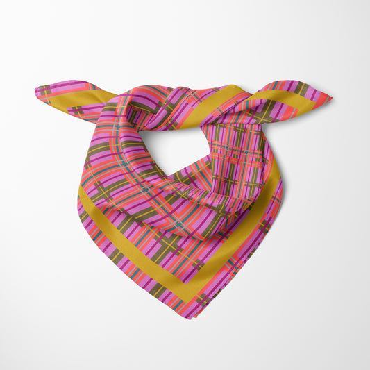 Pink Plaid Chiffon Square Scarf with Yellow Accent