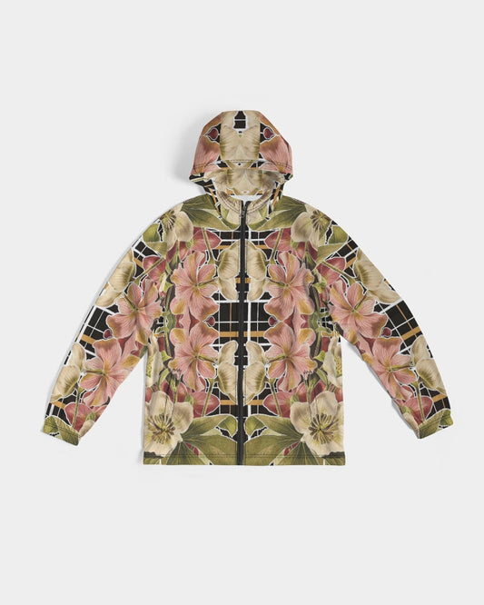 Botanica plaid no 1 men’s windbreaker with vibrant pink and cream floral hooded jacket over green leaves and black grid lines
