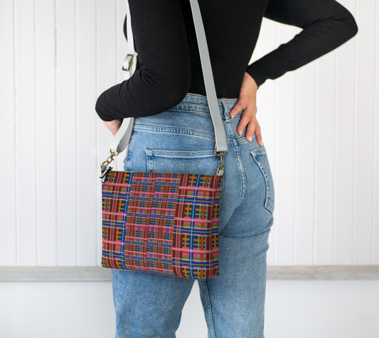 Pinky Blue Plaid Vegan Leather Crossbody Purse