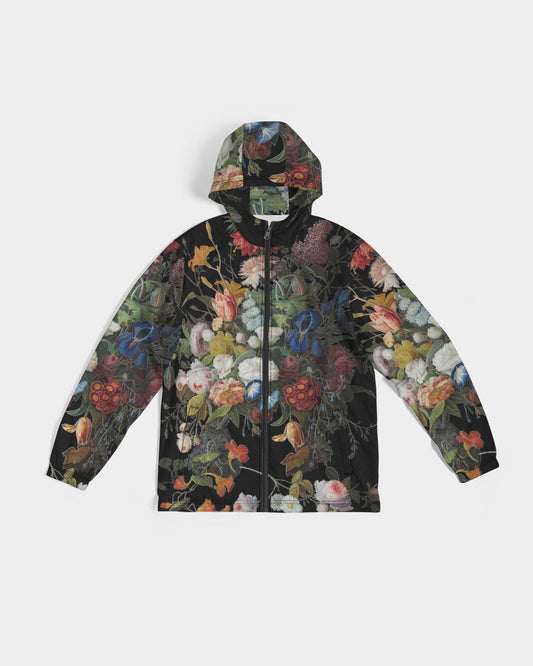 Black Dutch Redux No 1 men’s windbreaker zip-up hooded jacket with vibrant pink orange blue and white floral pattern