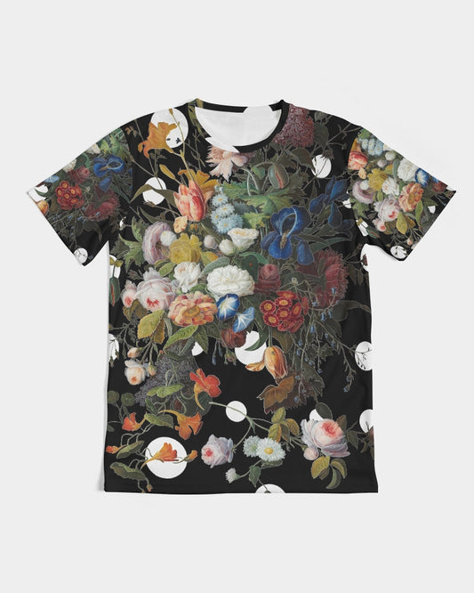 Dutch Redux No 1 Pop Men’s black short-sleeved tee with vibrant pink blue white and orange floral print on dark background