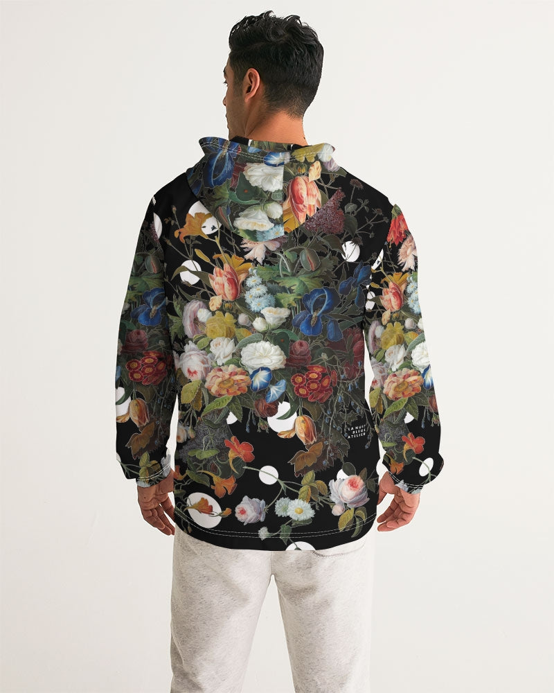 Black hooded dutch redux no 1 pop men’s windbreaker with vibrant floral pattern in pink white blue orange and green
