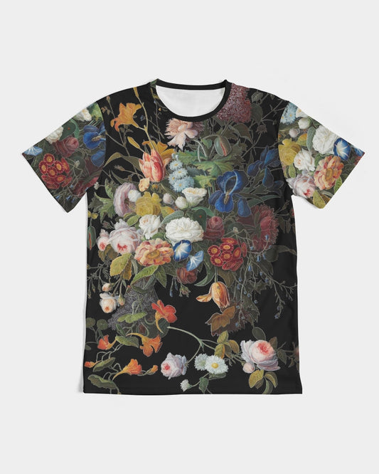 Black Dutch Redux No 1 tee with vibrant full-color floral print featuring white pink blue orange and red blossoms
