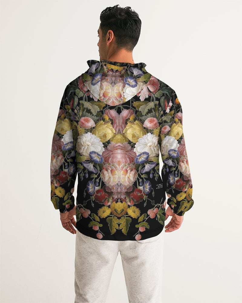 Dutch Redux No. 2.2 men’s windbreaker black hooded jacket with vibrant symmetrical floral pattern on back
