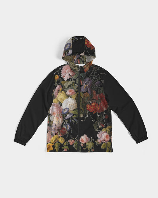 Black dutch redux no. 2 men’s windbreaker zip-up hoodie with vibrant pink white yellow purple floral print on dark background