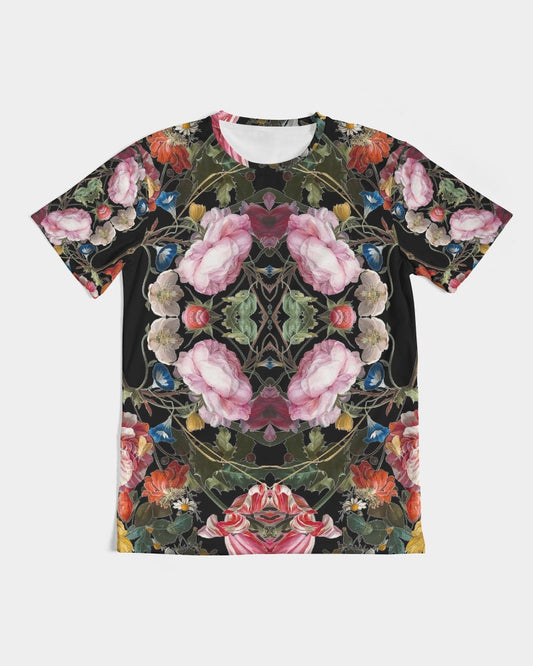Dutch Redux No. 3.2 men’s black short-sleeved tee with vibrant kaleidoscopic floral pattern of pink roses and orange blossoms