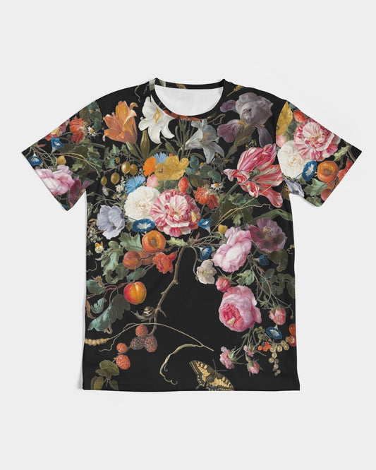 Black short-sleeved Dutch Redux No. 3 men’s tee with vibrant floral print of pink roses white lilies and fruits