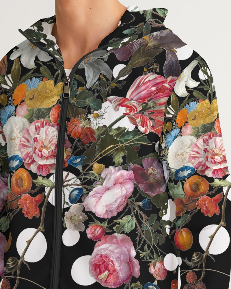 Black Dutch Redux No. 3 Pop men’s windbreaker with vibrant floral pattern and white polka dots on zip-up hoodie back