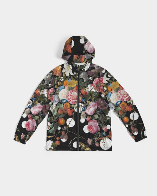 Black dutch redux no 3 pop men’s windbreaker with vibrant floral pattern featuring pink roses white lilies and berries