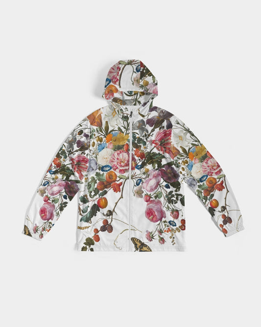 Dutch Redux No. 4 men’s white zip-up hooded windbreaker with vibrant floral pattern of roses berries and butterflies